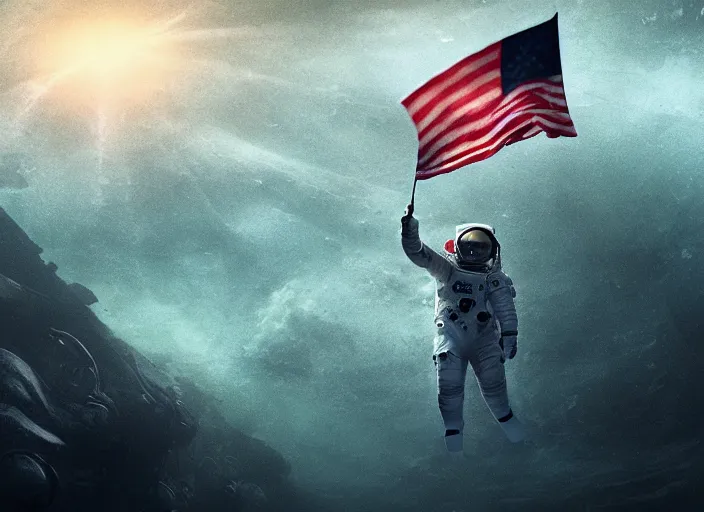 Image similar to astronaut holding a flag in an underwater desert. a submarine is visible in the distance. dark, concept art, cinematic, dramatic, atmospheric, 8 k, trending on artstation, blue, fish, low visibility, fog, ocean floor, christopher nolan, interstellar