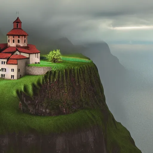 Prompt: old european monastery on the side of a cliff rainy atmosphere 8k photorealistic