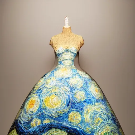 Image similar to Stunning photograph of a magnificent and ethereal ball gown inspired by Van Gogh's Starry Night. Studio lighting