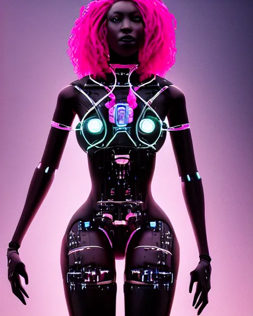 Image similar to portrait of a beautiful black woman with pink hair as a cyberpunk cyborg half robot, revealing wires and electronics, hooked - up, sci - fi, missing panels, intricate abstract upper body intricate artwork, concept art, octane render, deviantart, cinematic, key art, hyperrealism, iridescent accents, portrait photograph, nikon 3 5 mm, photograph by greg rutkowski