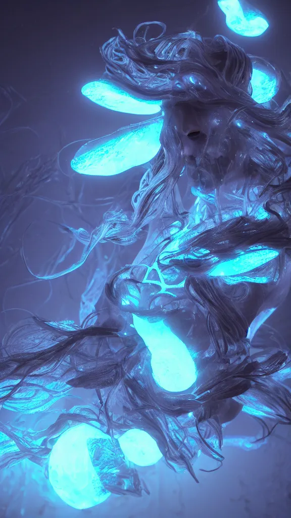 Image similar to bioluminescent crystal medusas, Artstation HQ, photorealistic, hiperrealistic, sharp focus, 4k UHD, Unreal Engine 5, cinematic shot, cinematic lightning, dark tones, high contrast, intricate, masterpiece