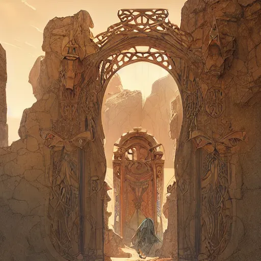 Image similar to art nouveau gate leading into rock-cut cyberpunk temple with Nabatean geometric decorations, figures cloaked in robes standing outside, hardy desert bushes, science fiction concept art by greg rutkowski and wayne barlowe and alphonse mucha