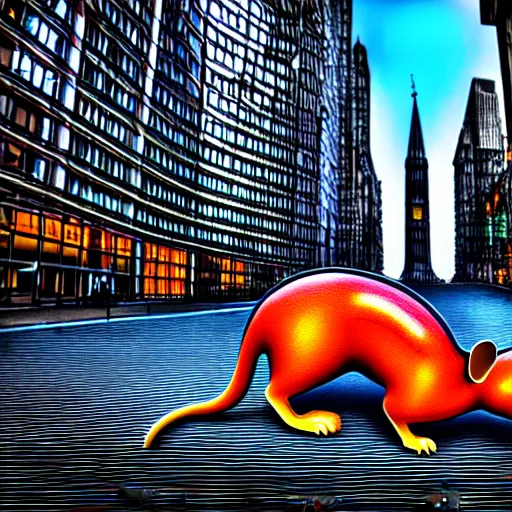 Image similar to giant mouse in the city, photorealistic, highly detailed, sharp focus, vivid, symmetrical, random, convoluted, mind - blowing, creative, fully functional, physics defying, amazing, cool, hdr