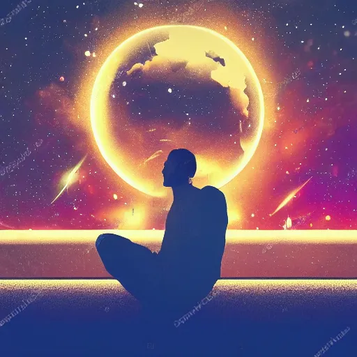 Image similar to a calm man sitting in space listening to music, synthwave, retro, acrylic art blurry background, depth of field,