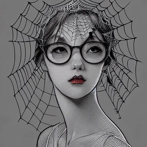 Image similar to portrait of an absurdly graceful, elegant, sophisticated, fashionably dressed, emo girl enveloped in spider web, by norman rockwell, range murata, pixar, studio ghibli, intricate line work, beautiful, trending on pinterest, artstation 8 k