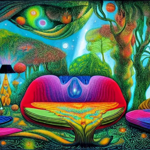 Image similar to psychedelic couch sofa in the lush forest, milky way, designed by moebius, rob gonsalves, gustav dore, giuseppe arcimboldo and carl barks, louis wain, trending on artstation, mediterranean, star, sharp focus, colorful refracted sparkles and lines, soft light, 8 k 4 k