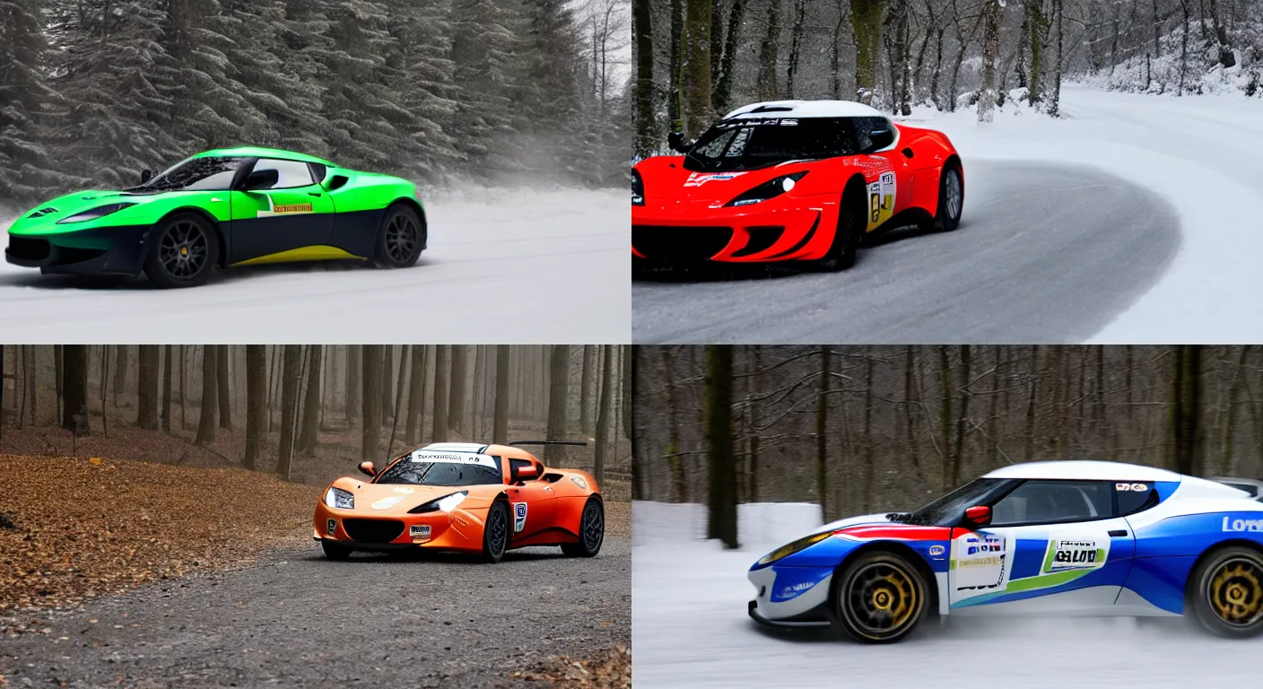 Prompt: a 2 0 1 0 lotus evora type 1 2 4 endurance race car, racing through a rally stage in a snowy forest