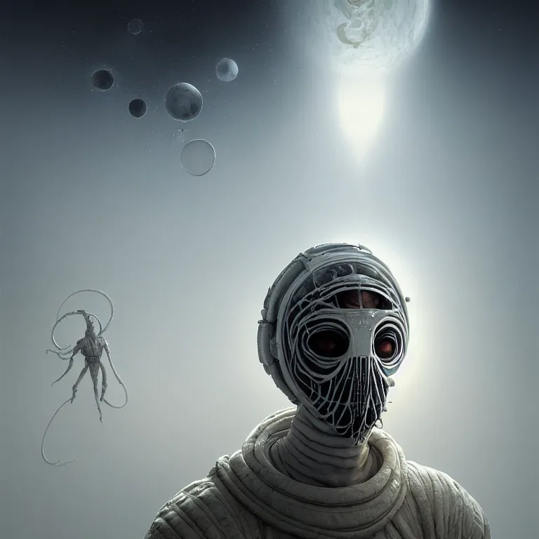 Image similar to portrait of white faceless man wearing white ribbed white scorpio as mask, wastelands on white exoplanet, baroque portrait painting, beautiful intricate insanely detailed octane render, artstation, 8 k artistic harsh flash photography, photorealistic, volumetric perfect light, chiaroscuro, raphael, caravaggio, beksinski, rutkowski, giger