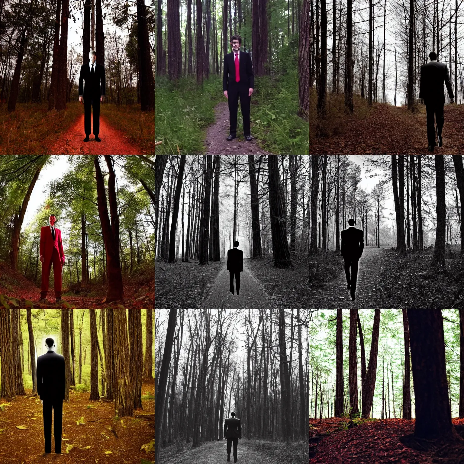 Prompt: a man with tall limbs wearing a suit with red tie caught on midnight trail cam, night, tall trees, morbid, uncanny, creepypasta