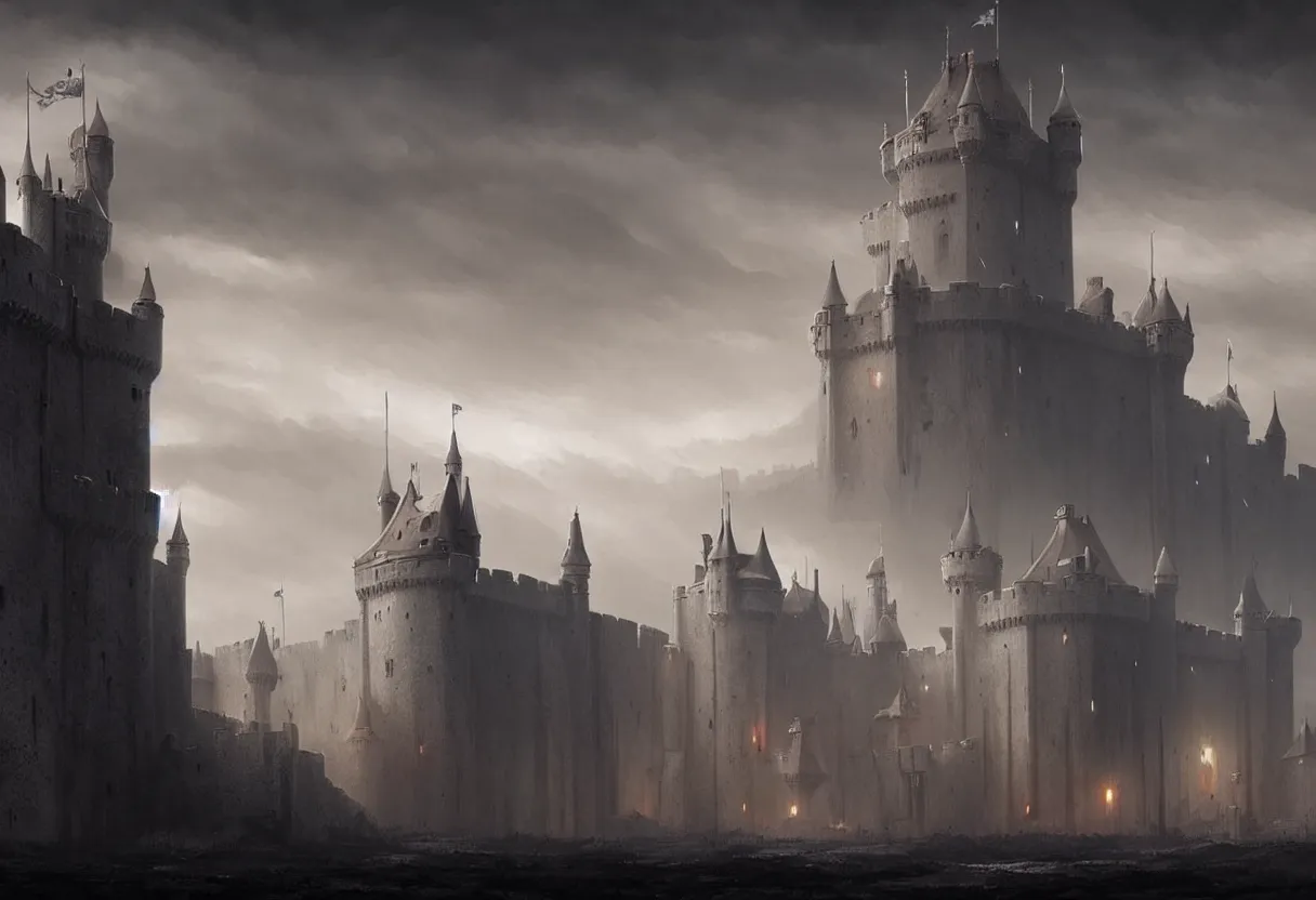 Image similar to castle with 3 0 years war, ultra high definition, ultra detailed, symmetry, fog, matte painting, by greg rutkowski and ross tran and wlop