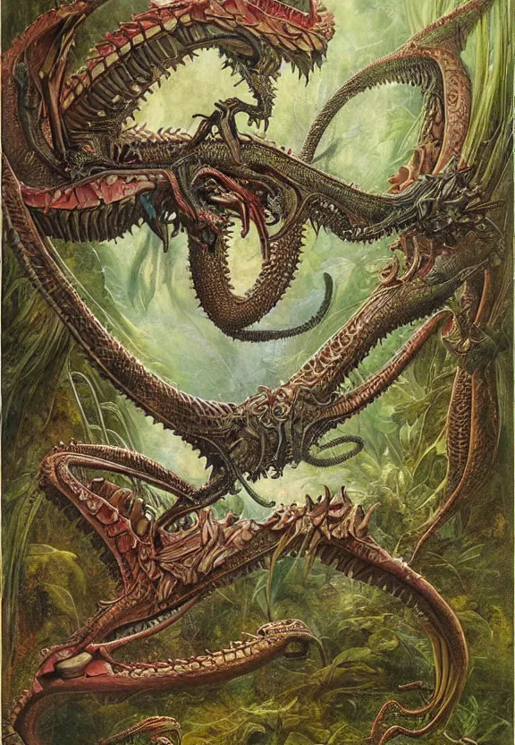 Prompt: simplicity, elegant, colorful muscular dragons, bodies, botany, orchids, radiating, mandala, psychedelic, overgrown garden environment, by h. r. giger and esao andrews and maria sibylla merian eugene delacroix, gustave dore, thomas moran, pop art, biomechanical xenomorph, art nouveau, cheerful, glass domes