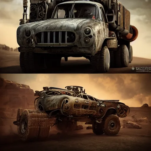 Image similar to a mad max truck with gatling guns on the side, au naturel, hyper detailed, digital art, trending in artstation, cinematic lighting, studio quality, smooth render, unreal engine 5 rendered, octane rendered, art style by klimt and nixeu and ian sprigger and wlop and krenz cushart