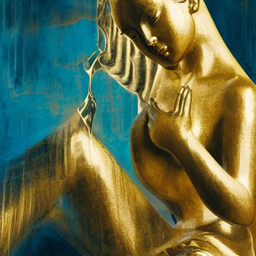 Image similar to impressionistic painting of teal chinese abstract statue shattered standing in god rays, beautiful female body and golden glue dripping acrylic portrait, mechanical superstructure, sacred geometry, supermodel body, beautiful light, statue of carving marble, intricate 8 k render, dark mood, cinematic light, golden spirals, clockwork