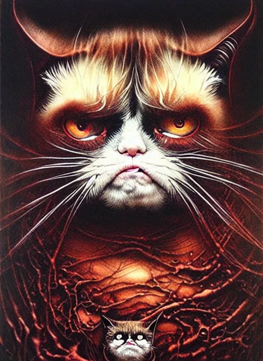 Image similar to a spirit of grumpy cat, red lake, highly detailed, art by Ayami Kojima, Beksinski, Giger