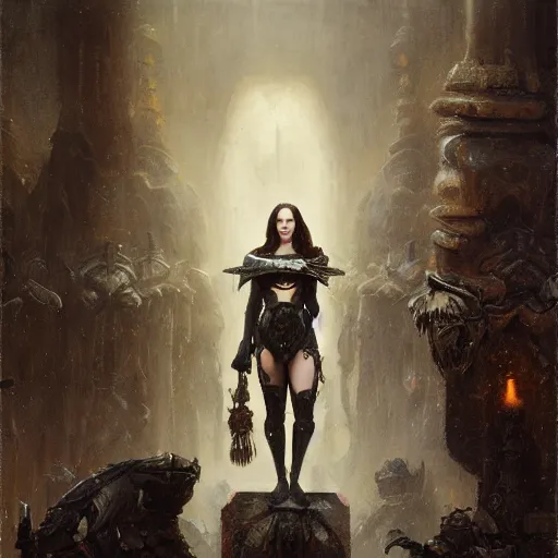 Prompt: kat dennings wearing black armour by gaston bussiere, bayard wu, greg rutkowski, giger, maxim verehin, greg rutkowski, masterpiece, sharp focus, cinematic lightning