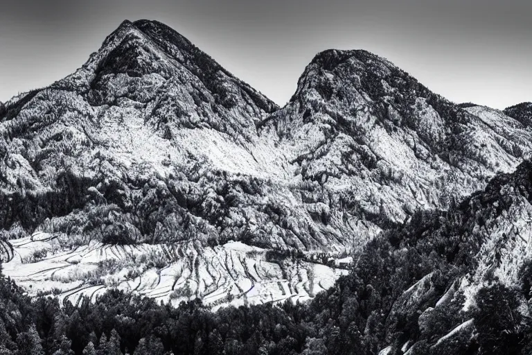 Image similar to distant dinosaur in a valley, huge snowy peaks, in the style of ansel adams, black and white, old, master photography