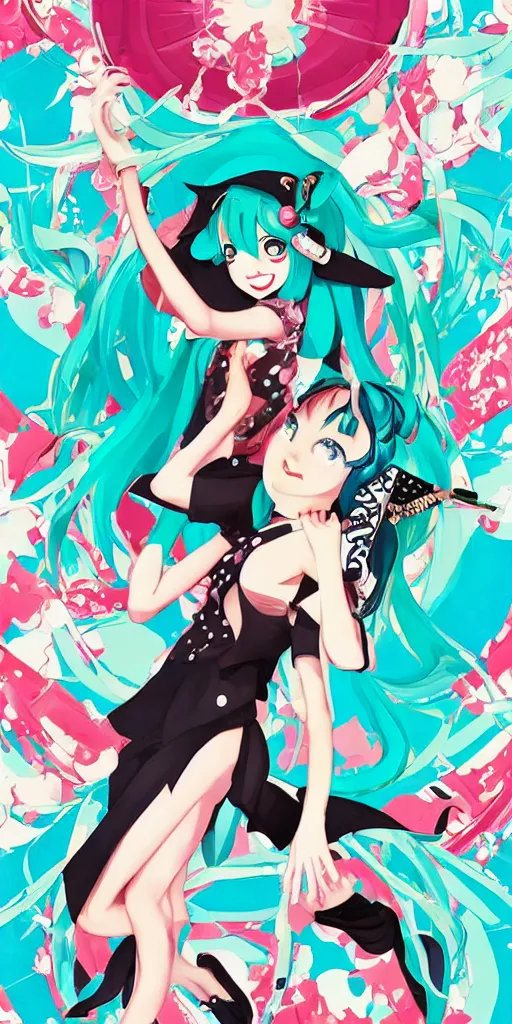 Image similar to Hatsune miku swing dancing with Gumi by Tristan Eaton. 1930s Musical.