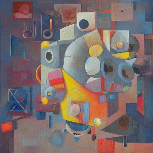 Prompt: a painting by shaun tan of an abstract maximalist sculpture by the caretaker