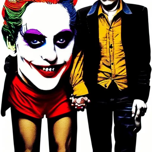 Image similar to mimmo rottela and banksy as joaquin phoenix skinny joker holding hand lady gaga harley queen, ultra realistic, intricate details, pop art style, concept art, 3 colors, 4 k, smooth, sharp focus