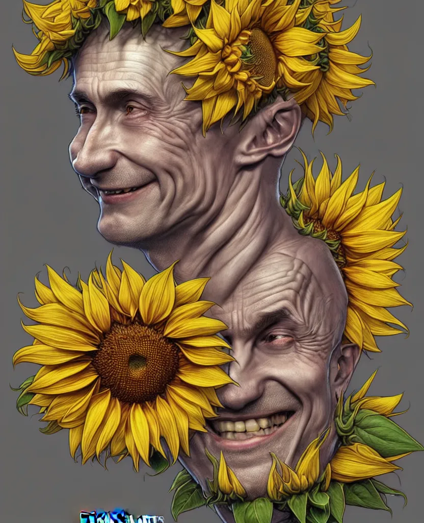 Image similar to digital art, centered full body of young any old Putin smiling king, Sunflower crown, ,intricate, veins, by James Jean and by artgerm , by ross tran ultradetailed, charachter design, concept art, trending on artstation,