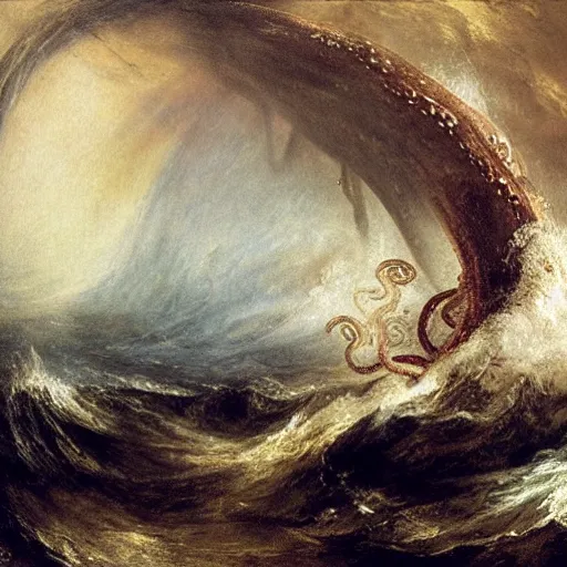 Prompt: giant octopus monster with tentacles wildly thrashing around in the waves of a stormy ocean, by jmw turner