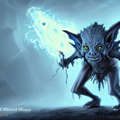 Image similar to a highly detailed goblin with grey skin and blue eyes that glow, made of wind, like magic the gathering, goblin chainwalker, digital art, by christopher rush