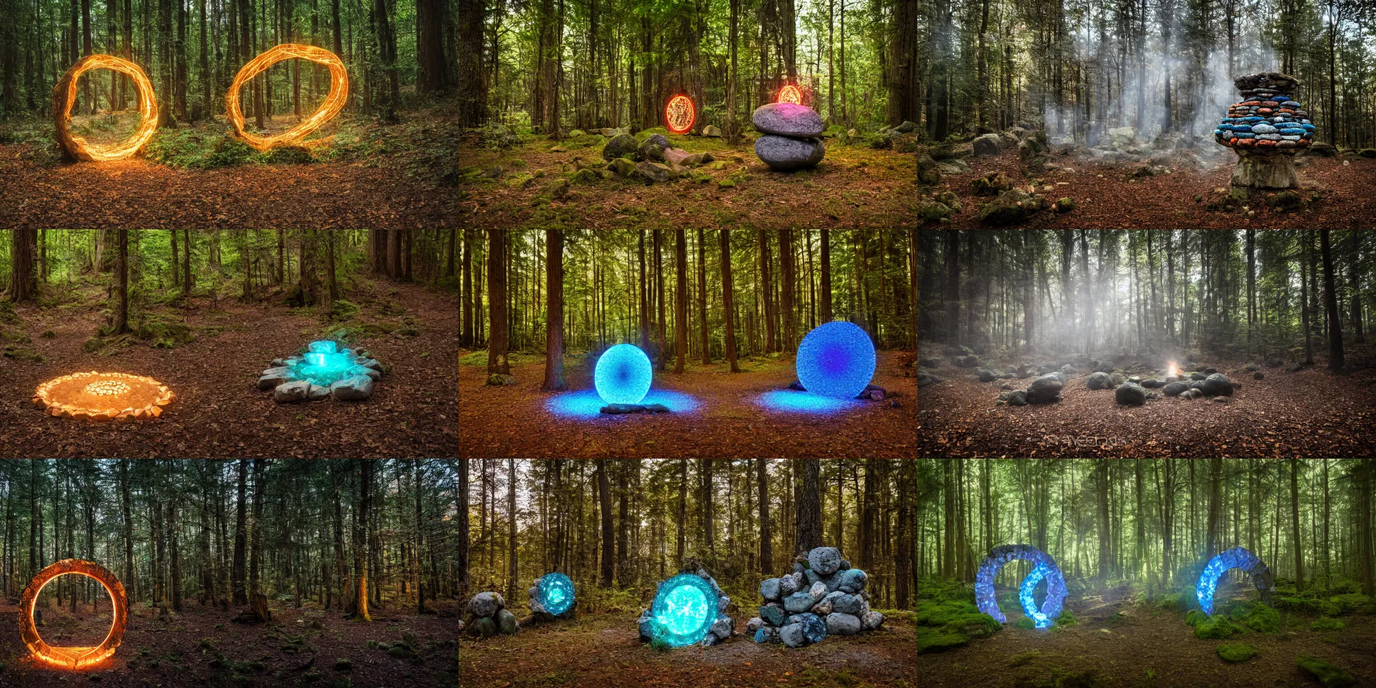 Prompt: Glowing magic portal made of stones in the forest, taken with Sony a7R camera