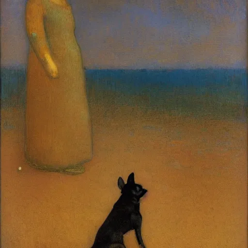 Image similar to a woman and her black and brown chihuahua looking out at the ocean by odilon redon