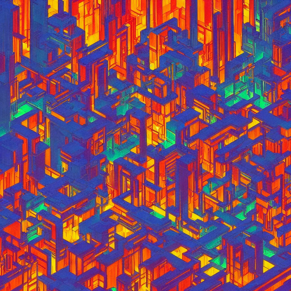 Prompt: isometric artdeco cyberpunk neon cathedral at night by frank lloyd wright, isometric, painted by piet mondrian