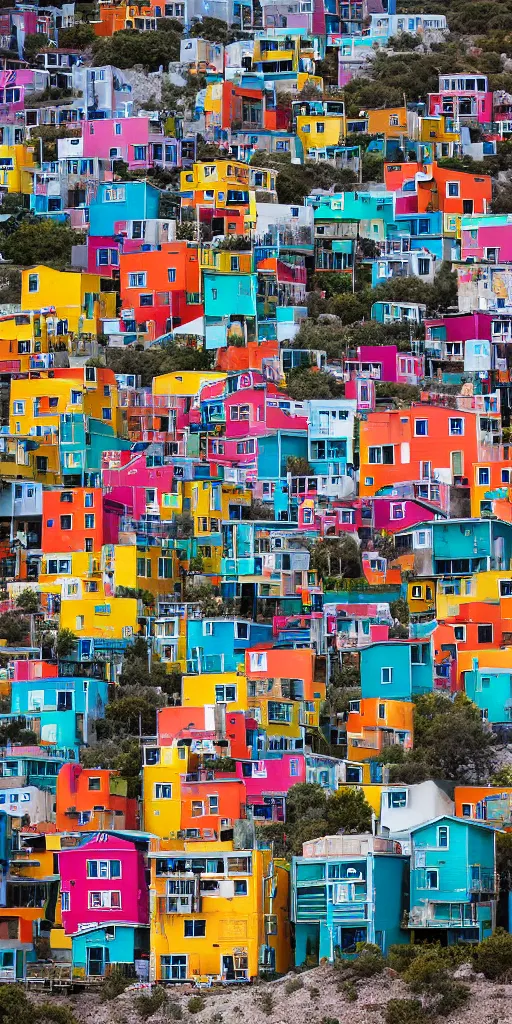 Image similar to a vertical building made up of various colourful makeshift squatter shacks, sony a 7 r 3, f 2 2, fully frontal view, photographed by ansel adams, gursky, jeanette hagglund, ultra detailed,