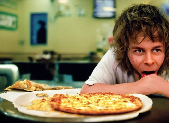 Prompt: portrait of charlie kaufman eating pizza at chuck - e - cheese with sloppy cheesy sauce getting slopped up all over the place, dramatic lighting, moody film still from being john malkovich ( 2 0 1 0 ), 3 5 mm kodak color stock, 2 4 mm lens, directed by spike jonze, ecktochrome