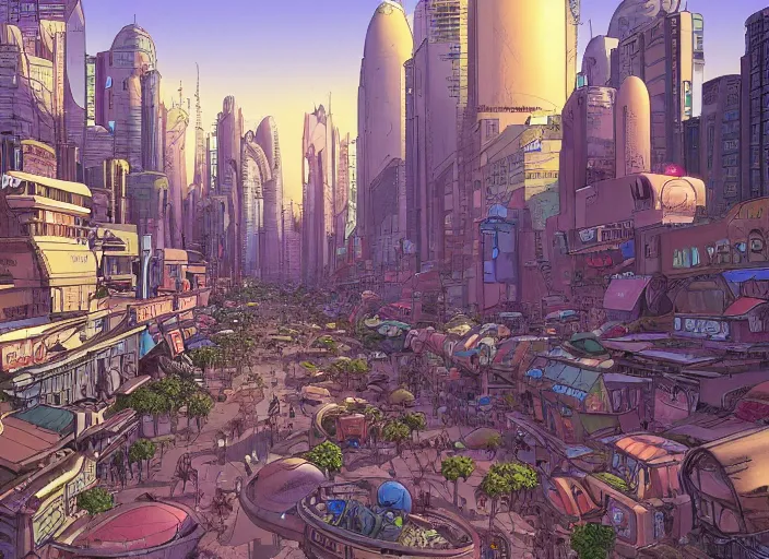 Prompt: close up view of a bustling city street on an alien planet by jeff darrow and moebius, earth and pastel colors, dramatic perspective, detailed, realistic, masterpiece, 4 k, 8 k