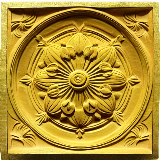 Prompt: ornate carving of a daisy in a flat circular inset on a square gold panel