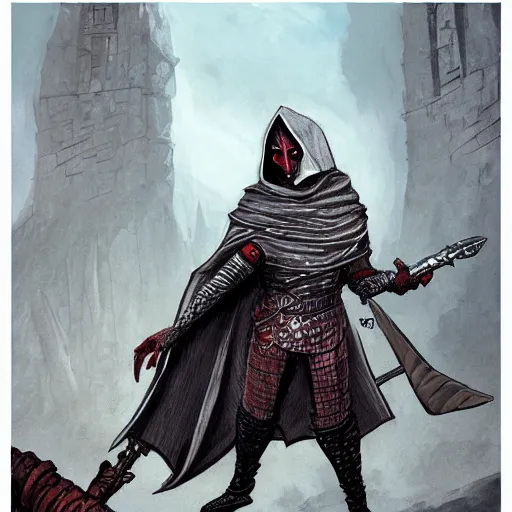 Image similar to anthro lizard warrior wearing cloak and hood, dnd illustration by enki bilal and dan mumford, character concept trending on artstation