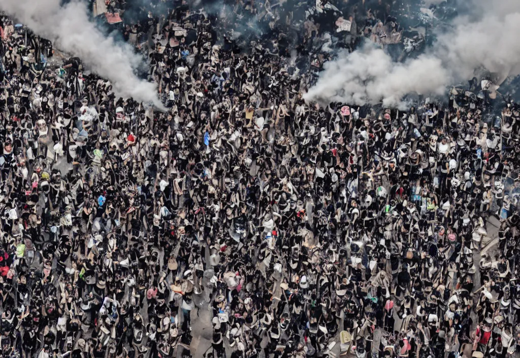 Image similar to fashion editorial in hong kong riot. wide angle shot. highly detailed.