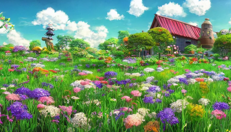 Prompt: ghibli and style of a big cute milk inn middle of grass ， colorful flowers ， sky and clouds ， unreal engine, hyper realism, realistic shading, cinematic composition, realistic render, octane render, detailed textures, photorealistic, wide shot