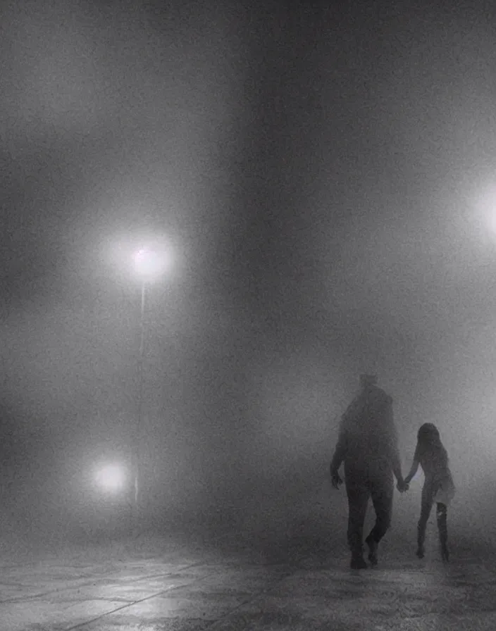 Image similar to very low - resolution found footage of a couple escaping in the city from a starfish kaiju monster, fog, foggy, korean film noir, monochrome, red hue, thriller, underdeveloped, epic, dramatic