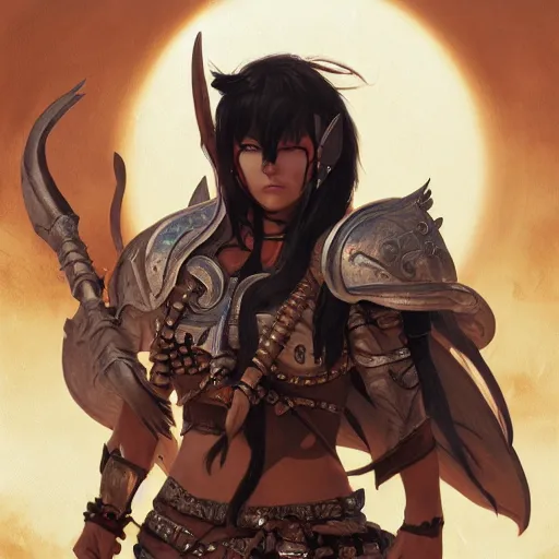 Prompt: portrait of a strong fierce female berber barbarian with devil horns and black hair wearing a steel chestplate in a desert, fantasy, seinen, highly detailed, digital painting, pixiv, concept art, character art, art by greg rutkowski, tyler jacobson, alphonse mucha, ross tran and makoto shinkai
