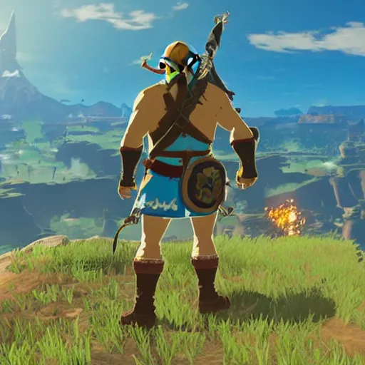 Prompt: screenshot from zelda breath of the wild game dwayne the rock johnson as zelda breath of the wild character