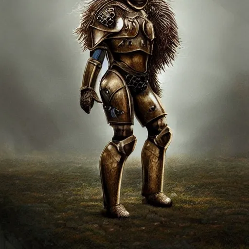 Image similar to Humanoid lion with medieval armor standing on two legs, fantasy, trending on artstation, realistic, digital art