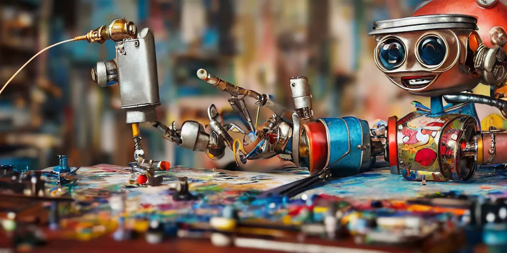 Prompt: closeup portrait of tin toy retro robot painter mixing gouache in an artist workshop, depth of field, zeiss lens, detailed, centered, fashion photoshoot, by nicoletta ceccoli, mark ryden, lostfish, breathtaking, 8 k resolution, extremely detailed, beautiful, establishing shot, artistic, hyperrealistic, octane render