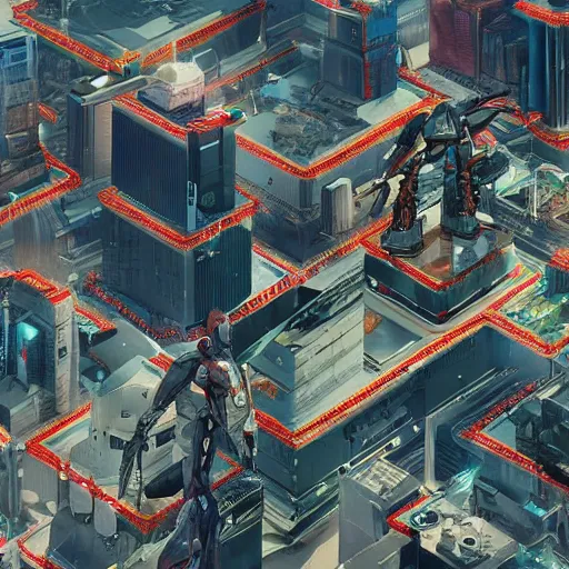 Image similar to bird's eye view of giant robots standing in the middle of a city, highly detailed, digital art, trending on artstation, very beautiful 4 k