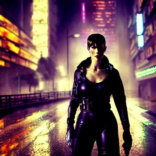 Image similar to jennifer connely as a cyborg in a cyberpunk movie in a distopic futuristic city in the style of bladerunner, movie still, highly detailed, rainy night, volumetric lights, dramatic, scifi