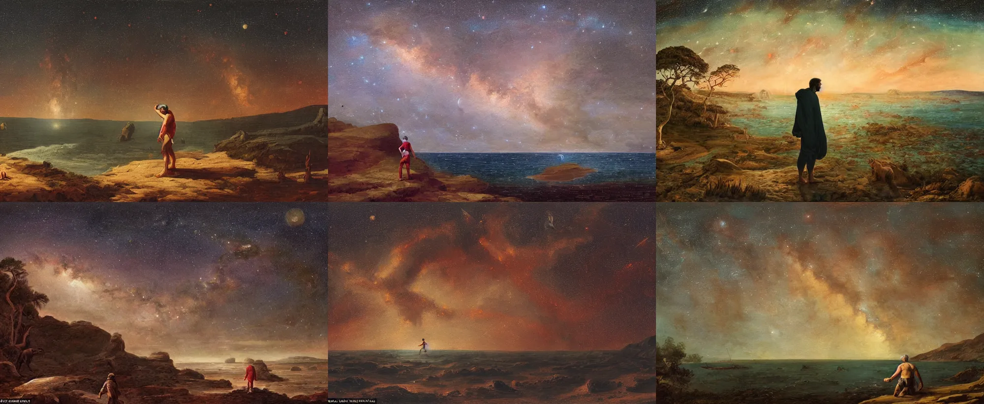 Prompt: man moves into the Triassic period, finding himself on an island of land in the middle of a red-blood-colored ocean, with an open view of the night sky and the stars of the Milky Way in highly detailed painting style