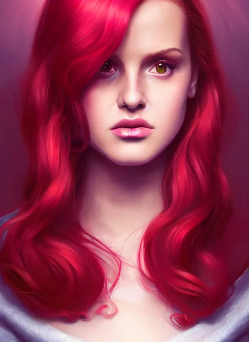 Image similar to full body portrait of teenage cheryl blossom, bangs, green eyes, sultry expression, red hair, sultry smirk, bangs and wavy hair, pink skirt, intricate, elegant, glowing lights, highly detailed, digital painting, artstation, concept art, smooth, sharp focus, illustration, art by wlop, mars ravelo and greg rutkowski