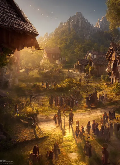 Image similar to peacefull village full of people, ultra detailed fantasy, elden ring, realistic, dnd, rpg, lotr game design fanart by concept art, behance hd, artstation, deviantart, global illumination radiating a glowing aura global illumination ray tracing hdr render in unreal engine 5