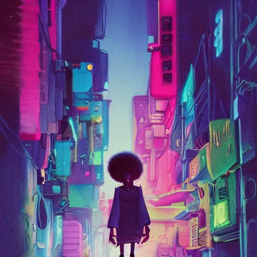 Prompt: a black girl with a colorful afro walking in a cyberpunk street by ralph bakshi, low angle shot, cinematic, colorful, trending on artstation, bright colors, synthwave, watercolor, volumetric wool felting, felt, macro photography, children illustration, by goro fujita