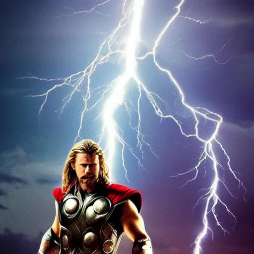 Image similar to “ thor holding his hammer high above his head, lightning and super storm in the background of a bay field, realistic, impressive, god rays, cinematic, stunning, high complexity, very detailed ”