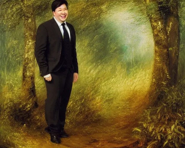 Image similar to an oil painting of michael mcintyre in a forest, intricate, elegant, highly detailed, turner