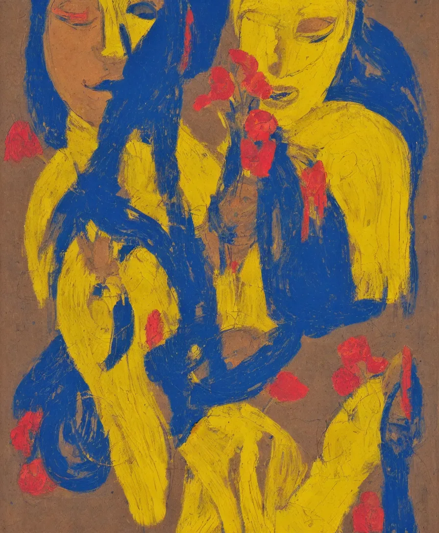 Image similar to portrait of a single lonely priestess with flowers in her hair and a candle in her hand, yellow and blue ribbons, expressive abstractionism, many small saturated hard relief strokes of oil on canvas with high detail